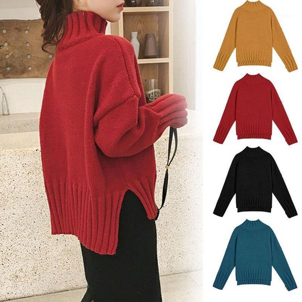 

autumn winter women sweaters solid color long sleeve turtle neck sweater for women split hem knitted pullovers sweaters1, White;black