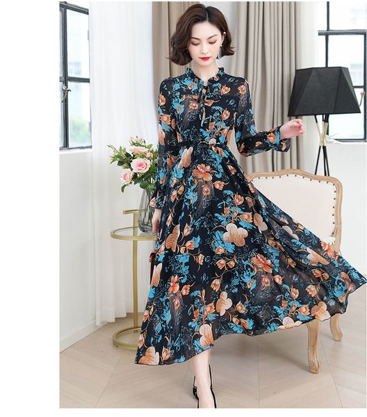 

2021 new dressed summer ladies'chiffon, long sleeves printed elegantly in form autumn, temperament to line retro glove h0023 of the, Black;gray