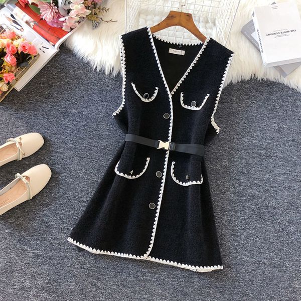 

new 2021 primavera de  feminino decote v mdio longo cinto colete nova moda senhoras y214 grx7 5a1v, Black;white