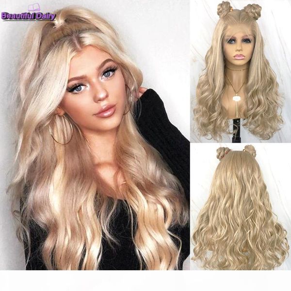 

красивые diary длинные волнистые парики futura волос 13x6 синтетический парик фронта шнурка для женщин черный блондинка парики с естественны, Black