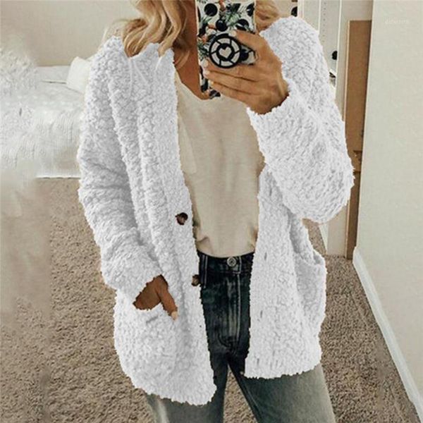 

women winter plush sweater fashion solid color long sleeves pockets loose cardigans female button casual outwear autumn coats1, White