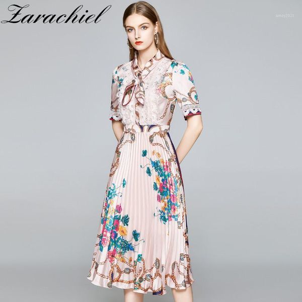 

casual dresses summer runway designer bow neck pleated dress women short sleeve lace patchwork floral print vintage female elegant midi dres, Black;gray