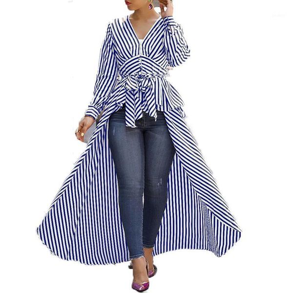 

fashion women stripe long tail shirts blouses casual long sleeve v-neck defined waist blouse autumn ladies tunic shirts1, White
