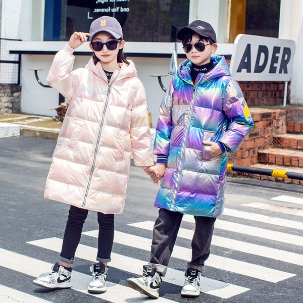 

children girls school winter jacket long style oversized hooded glossy parka teenage boys outerwear snow down coat 12 13 14 year c1021, Blue;gray
