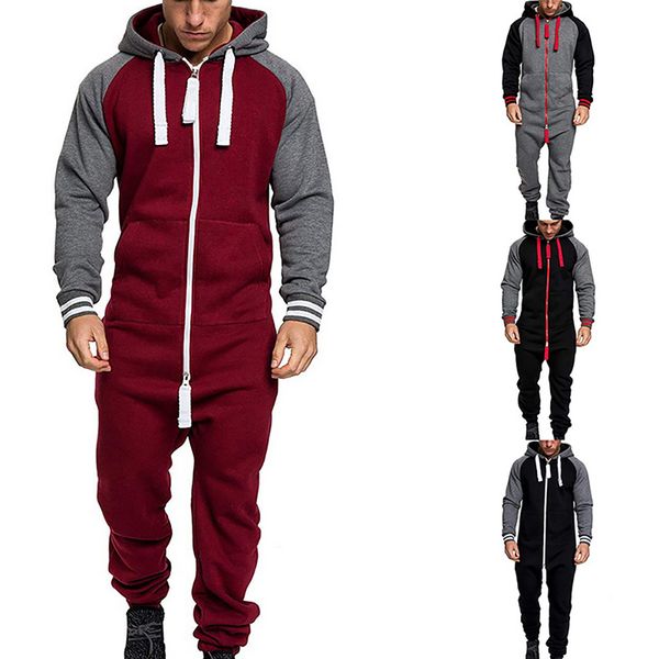 

men overalls brand long sleeve sweatshirt one-piece garment pajama casual tracksuit jumpsuit splicing long sleeve male clothes lj201125, Gray