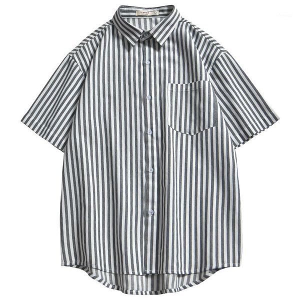 

retro striped men's shirt loose simple short sleeve button collar shirt japanese street camisa verano hombre men's clothes dd60c1, White;black