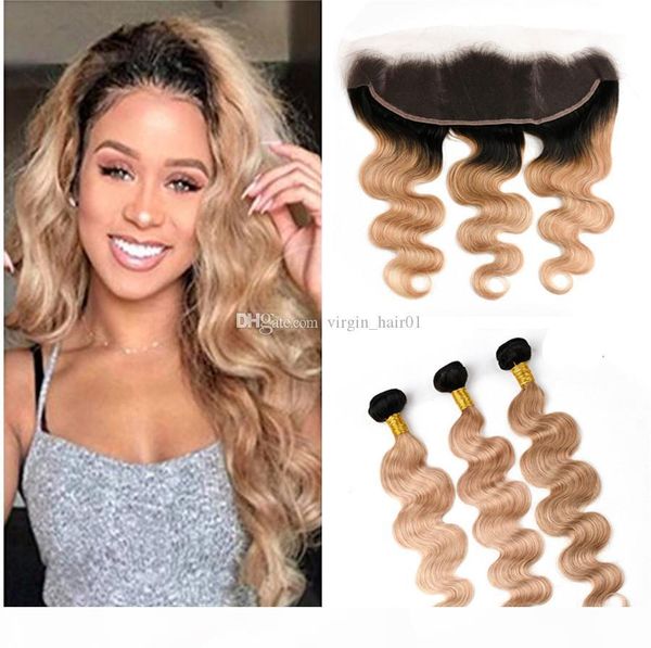 

8a grade ombre 1b 27 virgin hair bundles with lace frontal closure 2 tone 1b honey blonde body wave ombre hair with frontal, Black;brown