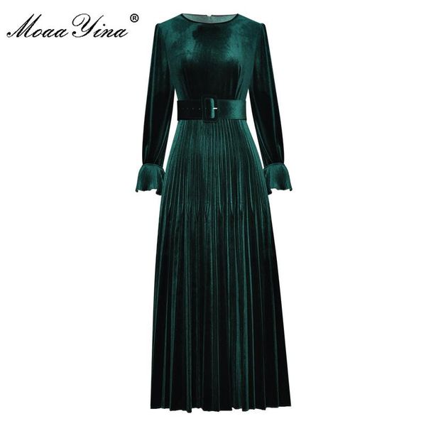 

moaayina fashion runway dress autumn women's dress flare sleeve high waist belt solid pleated velvet dresses, Black;gray