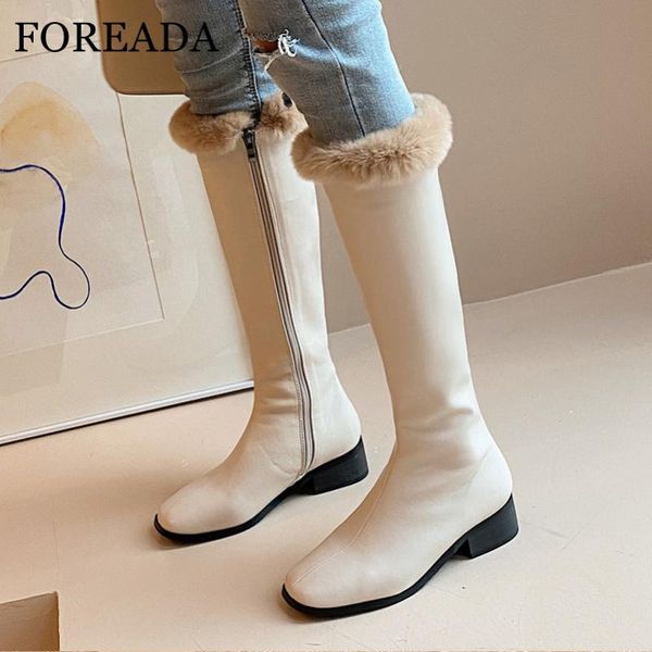 

foreada med heel knee high boots real leather thick heel women boots square toe long zip real fur female shoes beige 33-40, Black