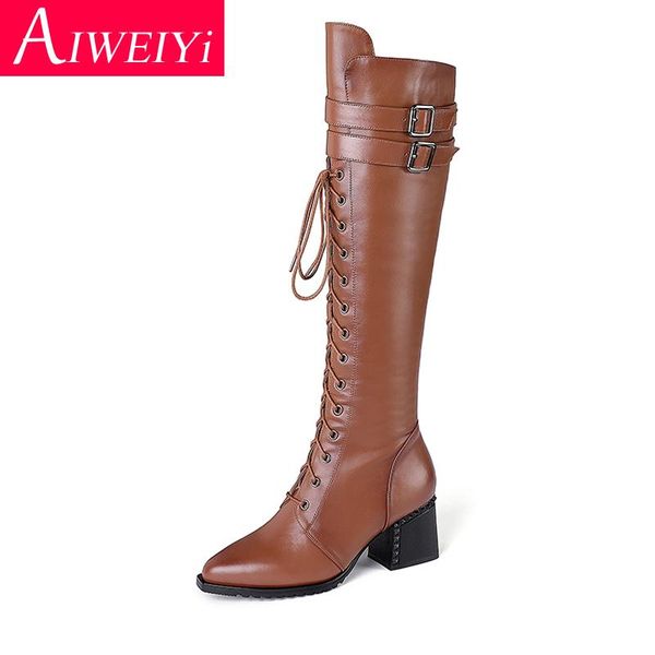 

boots warm knee high for women genuine leather winter snow fur lace up ladies black brown elegant heels shoes woman