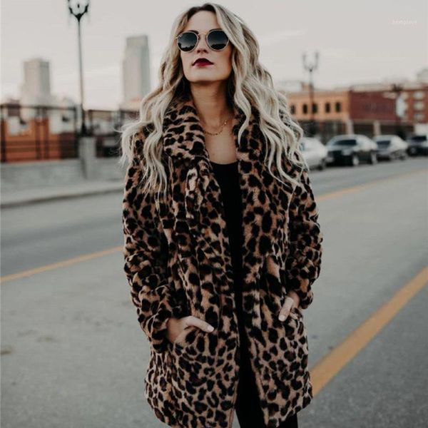 

2020 leopard print faux fur coat for women autumn winter thick warm fashion artificial fur women's coats casual jacket coat1, Black