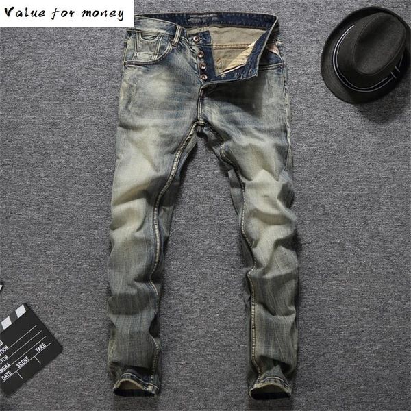 

designer vintage italian men jeans good quality casual pants slim fit buttons classical jeans men, Blue
