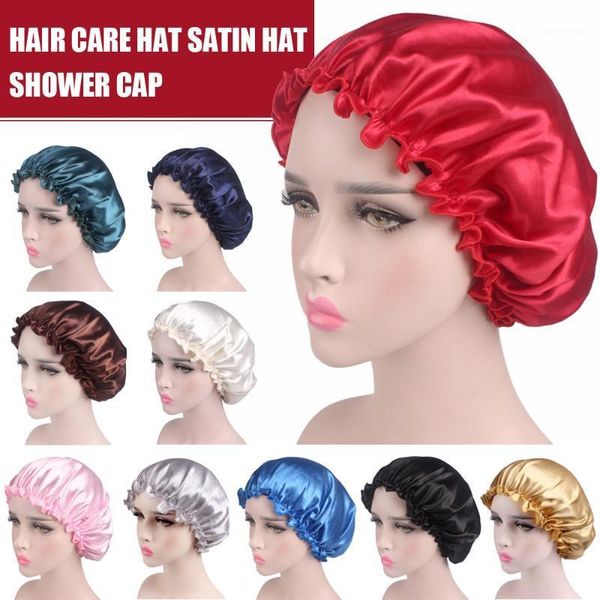 

new elastic 58cm fashion women shower cap satin night sleep cap shower hair bonnet hat silk head cover wide elastic band1