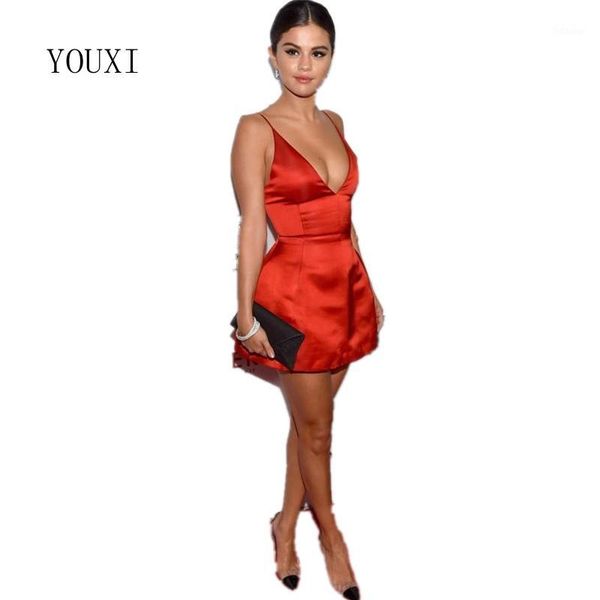 

v neck spaghetti strap black satin a line mini short celebrity dress selena gomez red carpet dresses1