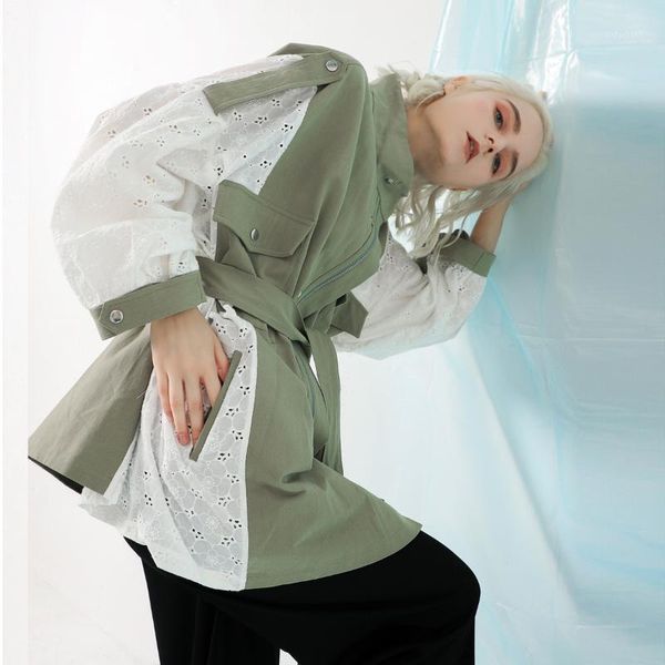 

asymsay 2020 new woman fashion lace split joint loose coat jacket lace up windbreaker female elegant clothes al13161, Tan;black