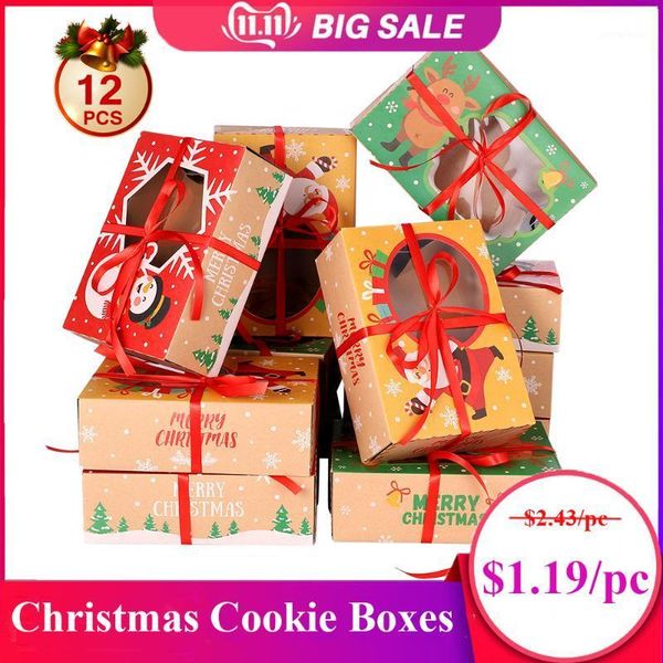 

christmas decorations 12pcs cookie boxes kraft paper with 1 roll/22m ribbons gift candies for party1