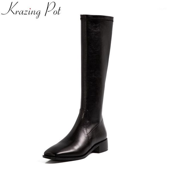

krazing pot 2021 cow leather square toe thigh high boots zip elegant brand winter shoes solid knee boots l471, Black