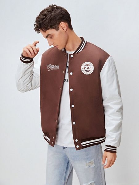 

men letter patched striped trim bomber jacket n6fr#, Black;brown
