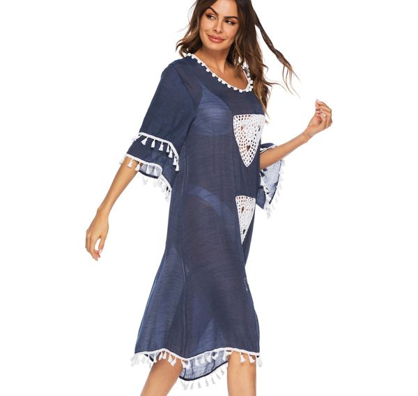 

women beach bikini cover ups flower embroidered lace crochet blouse tassel irregular long dress bathing suit swimwear summer sexy, White;black