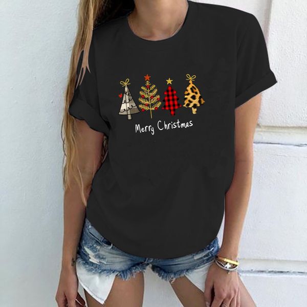 

xt229 new fashion pure cotton casual christmas merry christmas christmas tree printed round neck short sleeve t-shirt women, White