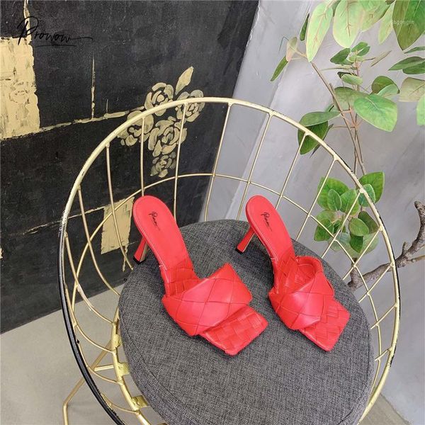 

slippers prowow fashion style red blue white woman summer square toe thin high heel women shoes woman1, Black