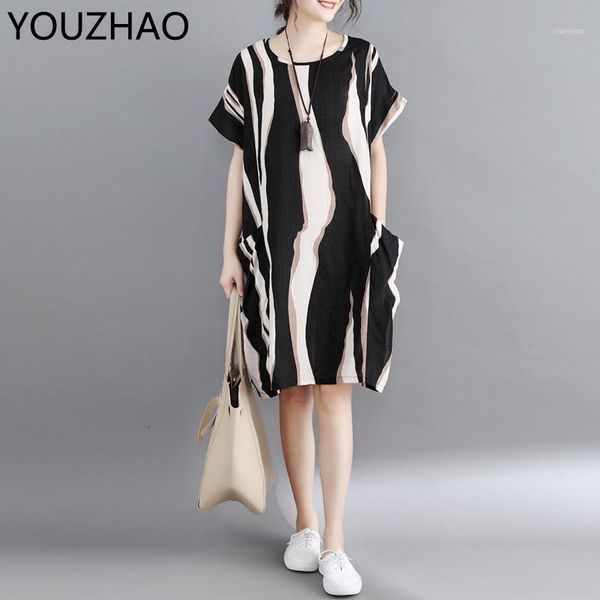 

2020 new vintage cotton linen ladies dresses casual midi beach dress plus size summer korean striped dress women vestido verano1, Black;gray