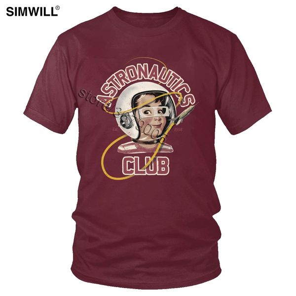 

sport vintage astronautics club t shirt men retro cotton graphic astronaut tee short sleeve cosmonaut t-shirt burgundy streetwear