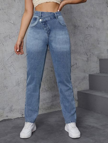 

asymmetrical waist washed straight leg jeans h0zx#, Blue