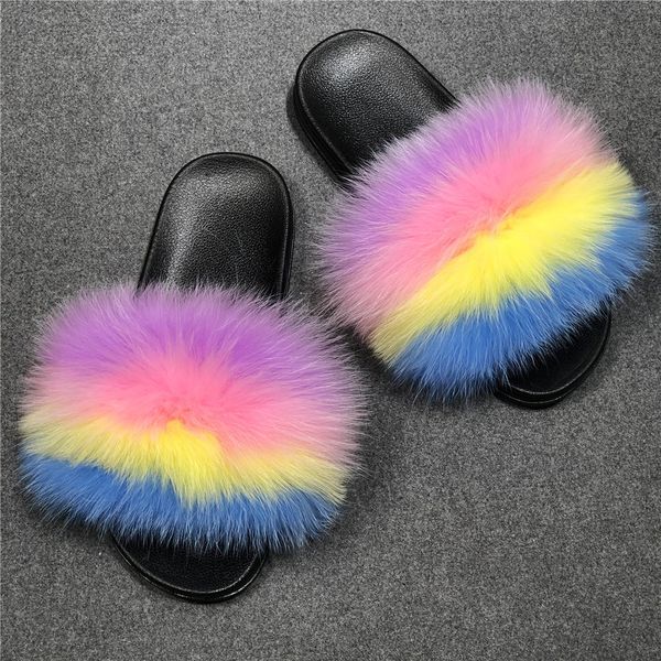 

2020 women fur slippers ladies shoes cute plush fox hair fluffy sandals women's fur slippers winter warm slippers women x1020, Black