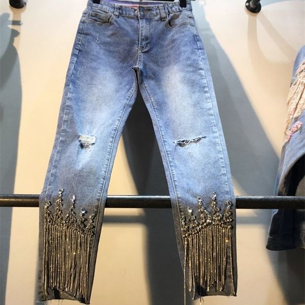 Delikler Denim Pantolon Lady 2020 İlkbahar Yaz Giysileri Yeni Ağır Damgalı Boncuk Frenli Delilmiş Yüksek Bel İnce Dokuz Cent Kot Lj201029