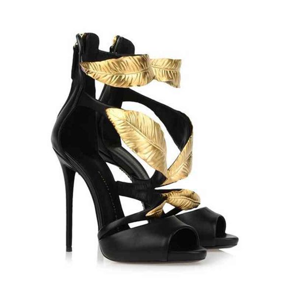 

pump -summer sandals golden gold leaf high heels heel for women shoes, Black