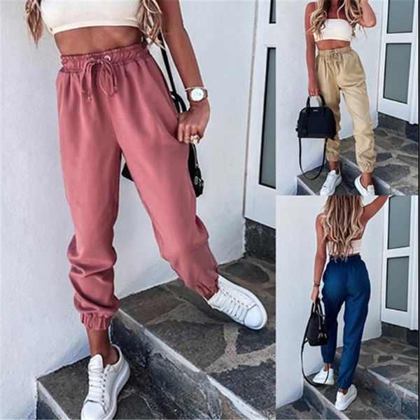 

2021 fashion women loose trousers solid color high waist drawstring girl casual pants summer autumn sportswear fitting bottoms, Black;white
