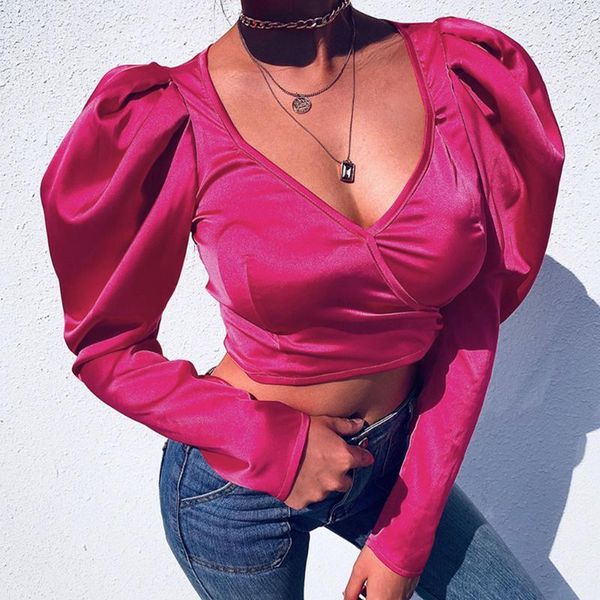 

women's blouses & shirts feitong women's clothes solid color retro french court style bubble sleeve slim v-neck streetwear fem, White