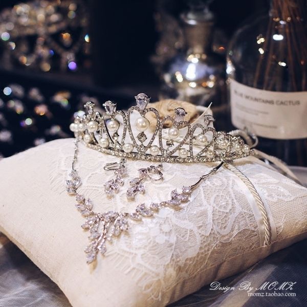 

tmnew korean princess headdress crown bridal 2020 jewelry three piece wedding dress necklace atmosphere super fairy m, Silver