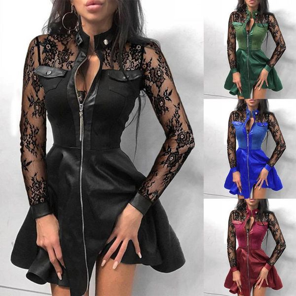 

4# zipper pockets pu leather dress women lace mesh sleeve patchwork party dress winter elegant stand neck button dresses1, Black;gray
