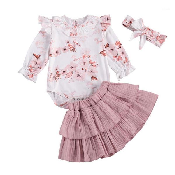 Conjuntos de roupas 0-24m Baby menina Baby Girl Set Floral Bodysuit Romper Jumpsuit Tops T Shirt Ruffle Tutu Saias Bow Headband Outfit