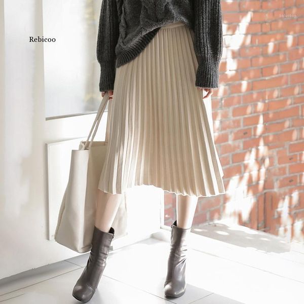 

elegant midi pleated knitted skirt women 2021 autumn winter korean knee length a line high waist skirt female ladies1, Black