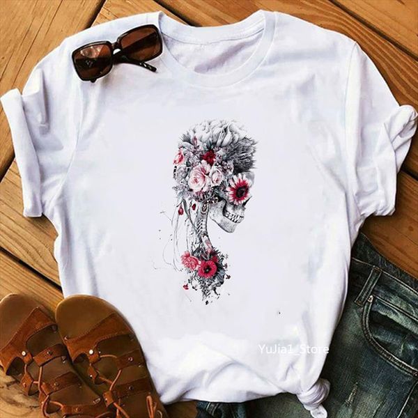 

flower skull printed vintage t shirt women geek gothic tshirt femme cool streetwear female aesthetic clothes t shirts punk shirt, White