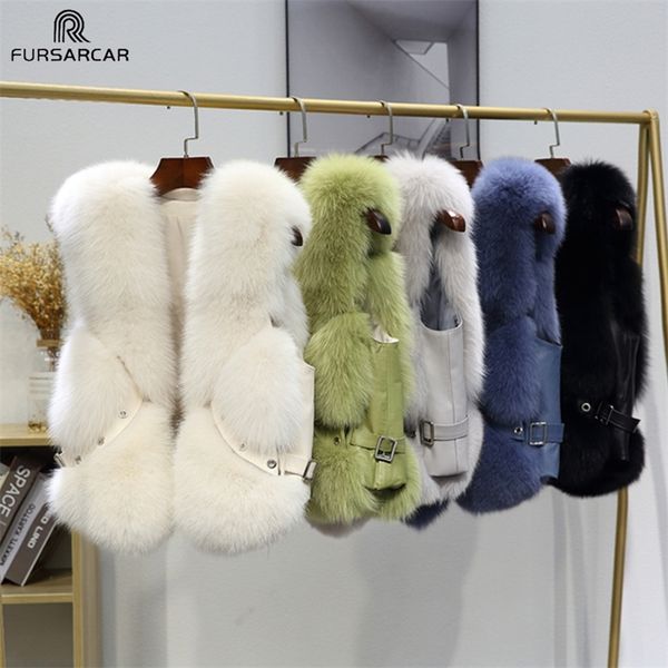 

fursarcar natural real fox fur vest fashion street sleeveless waistcoat adjustable waist belt luxury women winter warm outwear y201012, Black