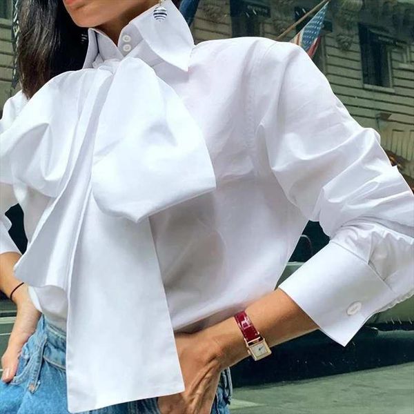 

women bow tie elegant shirt 2020 autumn long sleeve fashion blouses lapel casual office shirts plus size blusas 5xl, White