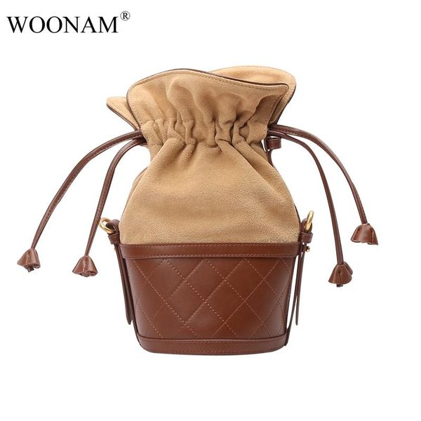 

woonam new fashion women plaid genuine calf leather mini bucket shoulder bag cross-body handbag wb597