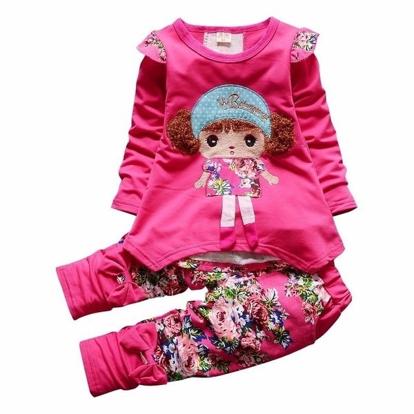 

spring autumn kids cartoon girls long sleeve flower t-shirt pants 2pcs/sets infant cotton suits children clothes tracksuit y200325, White