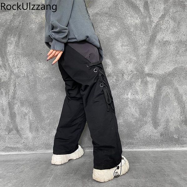 

patchwork contrast side drawstring lace up japanese streetwear men tracksuit fashion cargo loose jogger pant punk hip hop black