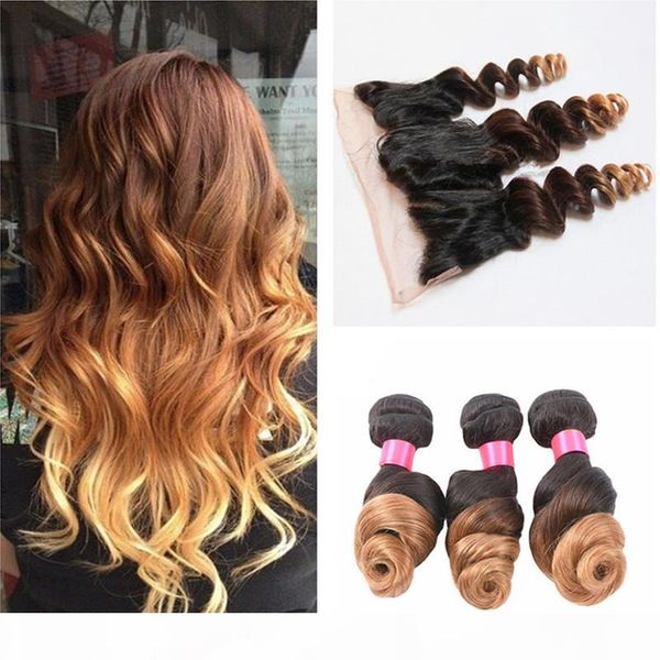 

13x4 ear to ear lace frontal closure with bundles 1b 4 27 ombre peruvian virgin hair loose wave lace frontal with baby hair, Black;brown