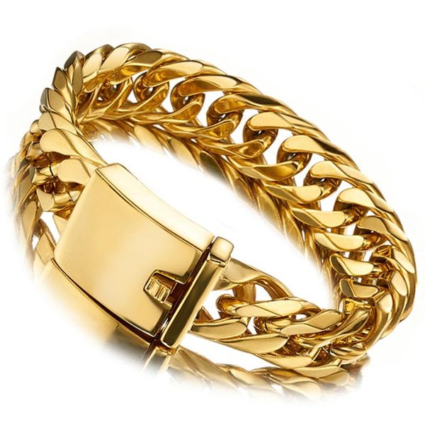 

16mm wide gold color bracelet for mens cuff jewelry double stainless steel curb cuban link chain customization bangle 8-11, Black