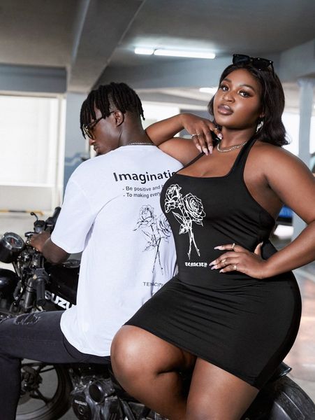 

sxy plus letter & floral print bodycon dress z3yb#, Black