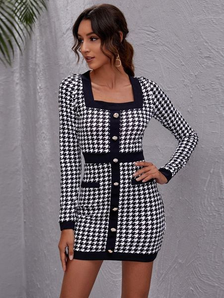 

button front houndstooth bodycon dress u995#, Black;gray
