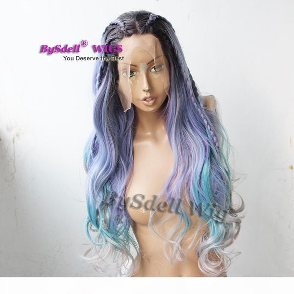 

premium beauty lady dark green blue grey mixed ombre color hair front lace wig synthetic anime cosplay lace front wigs, Black