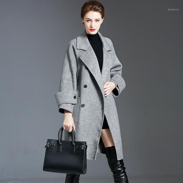 

wool trench 2020 autumn winter women thick loose woollen overcoat double faced cashmere coat medium length wool coat1, Black