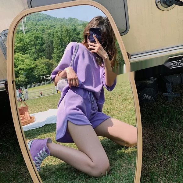 

bkpnw 2020 лето новой женской моды талии щели и свободные футболки высокого футболка шнурок боковые шорты случайные шорты мода набор gvc3u, Gray